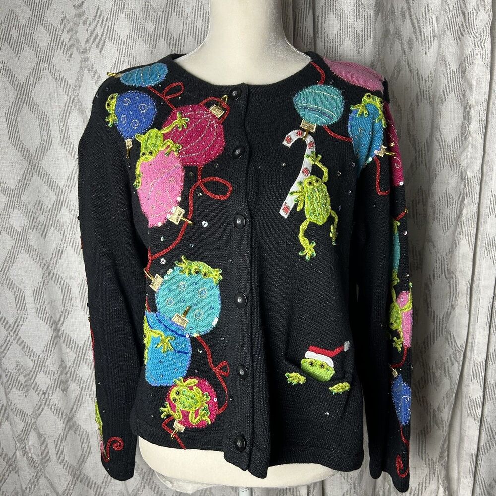 VTG Design Options Novelty Christmas Cardigan Sweater Frogs Ornaments XL